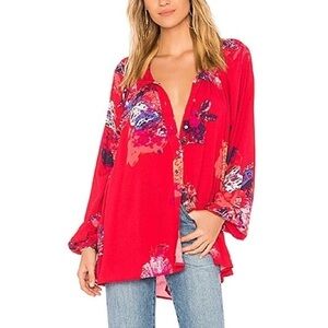 Free People Meadow Lark Red Floral Long Sleeve Oversized Blouse Sz. XS
